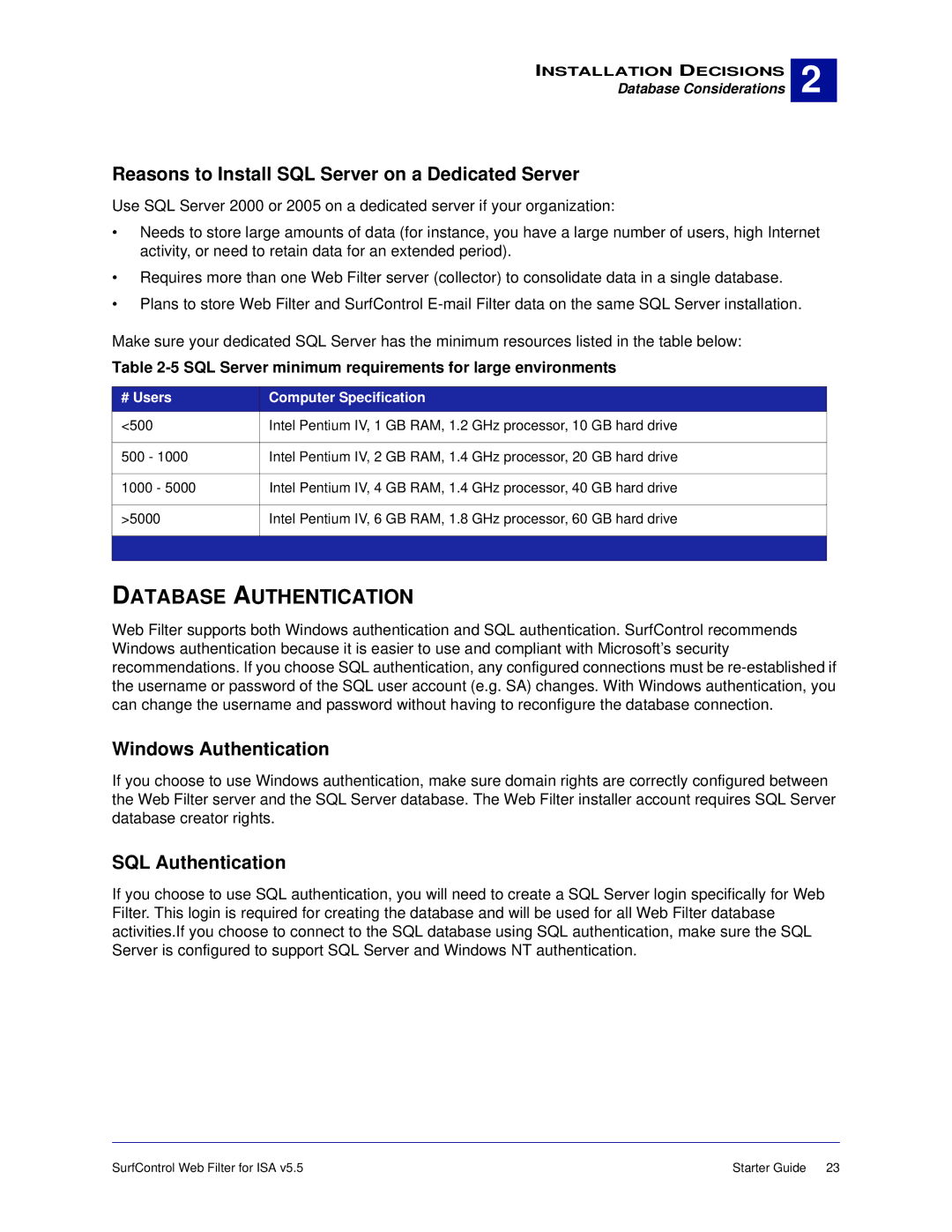 Surf Control v5.5 Database Authentication, Reasons to Install SQL Server on a Dedicated Server, Windows Authentication 