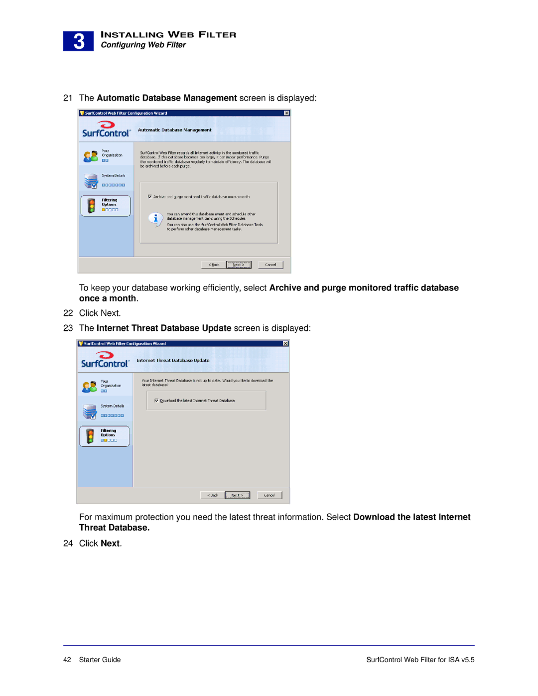 Surf Control v5.5 Automatic Database Management screen is displayed, Internet Threat Database Update screen is displayed 