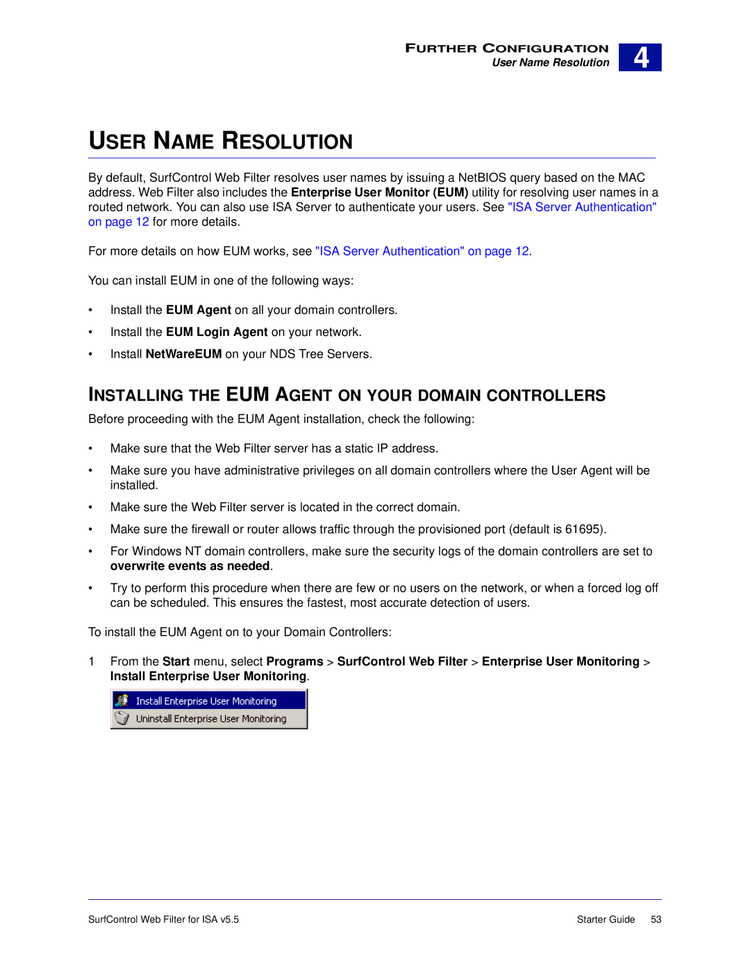 Surf Control v5.5 manual User Name Resolution, Installing the EUM Agent on Your Domain Controllers 