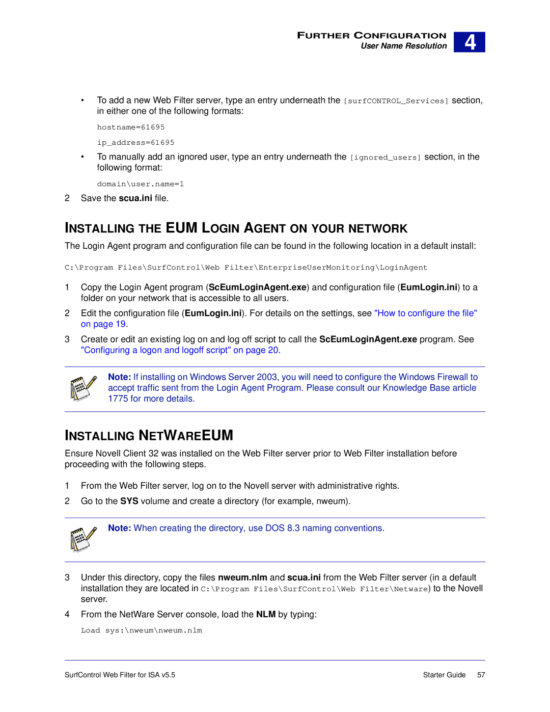 Surf Control v5.5 manual Installing the EUM Login Agent on Your Network, Installing Netwareeum 