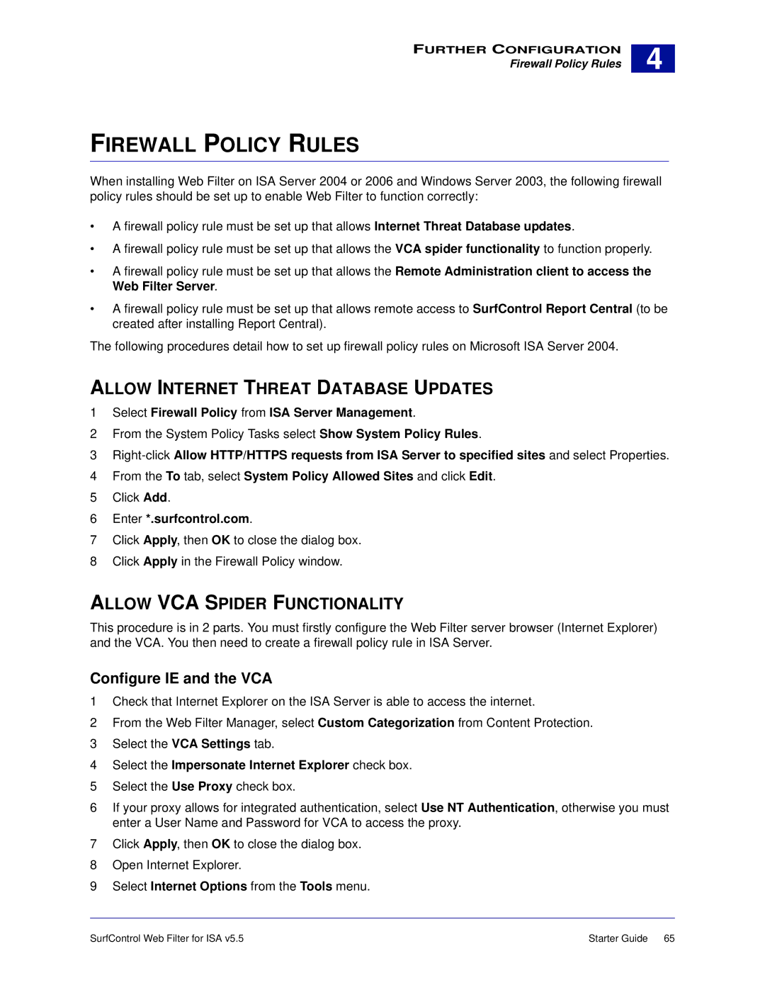 Surf Control v5.5 manual Firewall Policy Rules, Allow Internet Threat Database Updates, Allow VCA Spider Functionality 