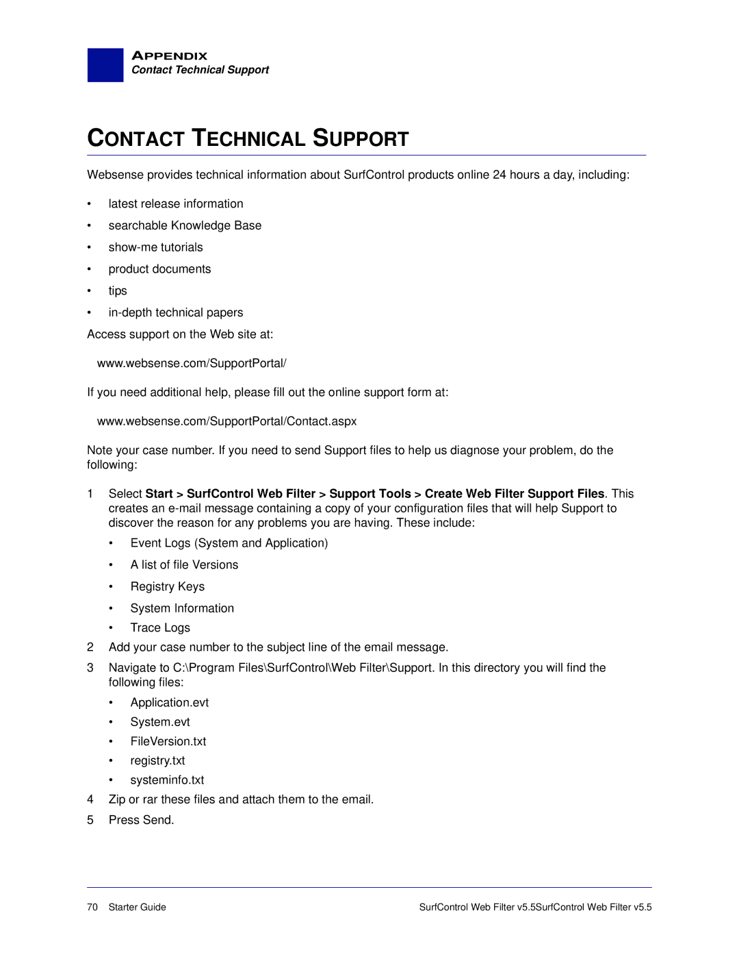 Surf Control v5.5 manual Contact Technical Support 