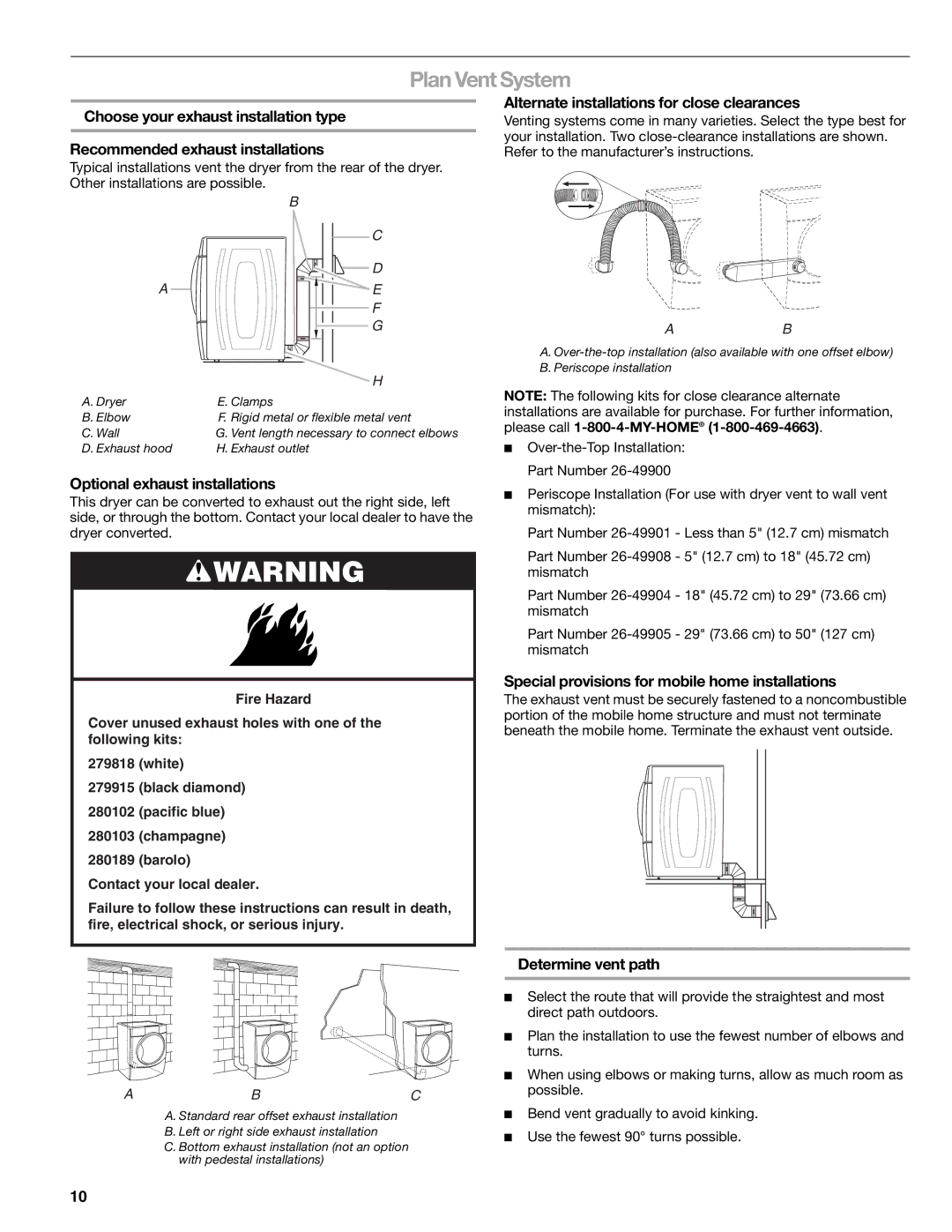 Suunto 110.9772 manual Plan Vent System, Optional exhaust installations, Alternate installations for close clearances 