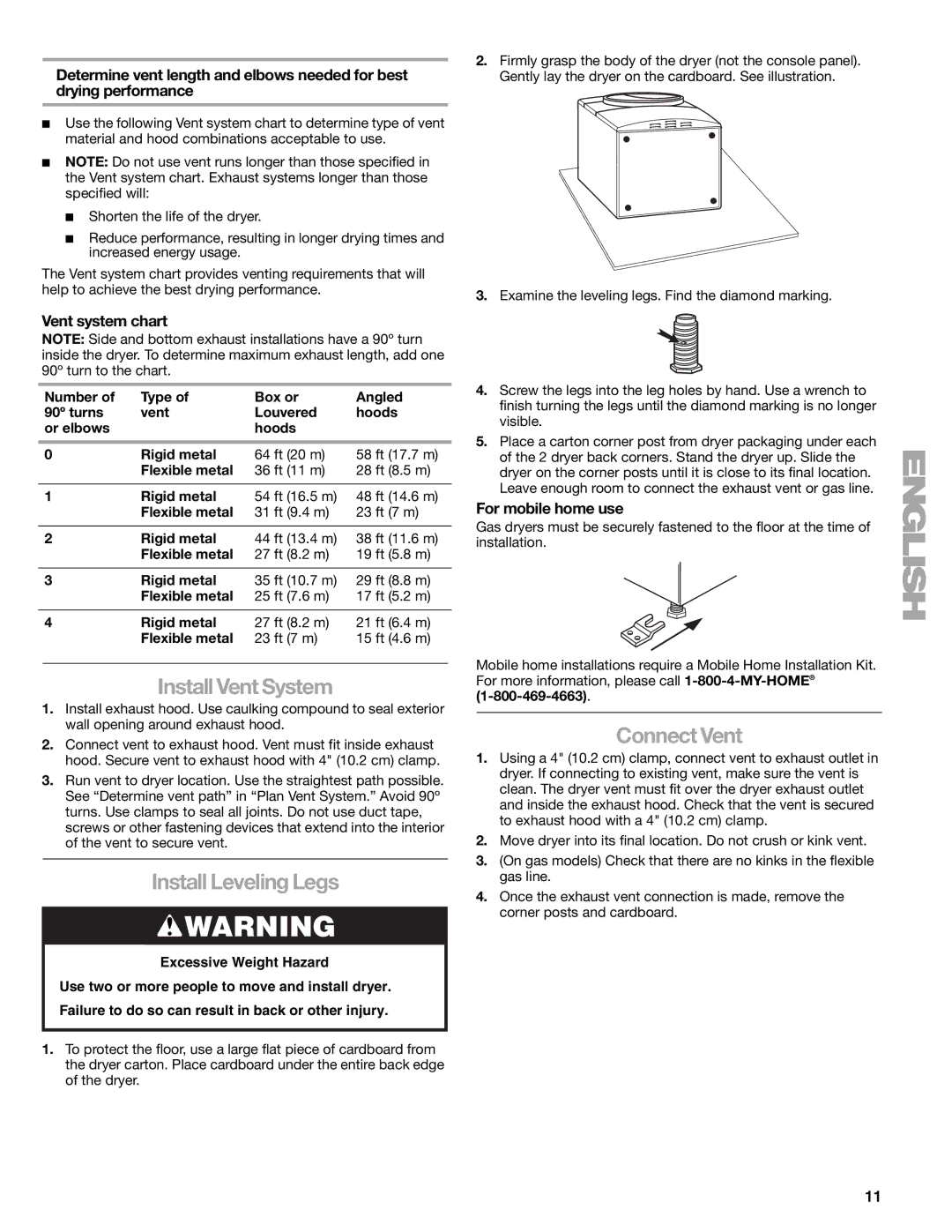 Suunto 110.9772 manual Install Vent System, Install Leveling Legs, Connect Vent, Vent system chart, For mobile home use 