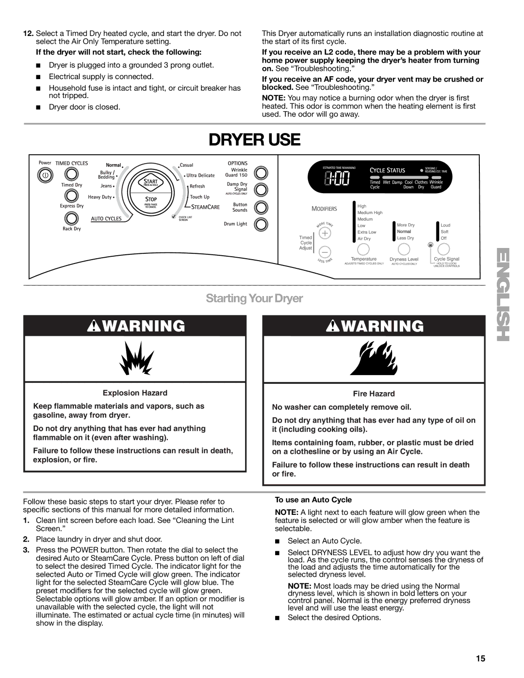 Suunto 110.9772 Dryer USE, Starting Your Dryer, If the dryer will not start, check the following, To use an Auto Cycle 