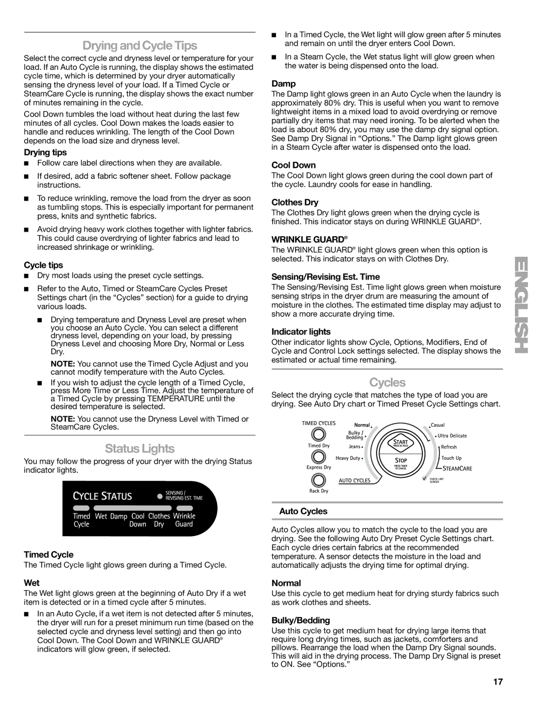 Suunto 110.9772 manual Drying and Cycle Tips, Status Lights, Cycles 