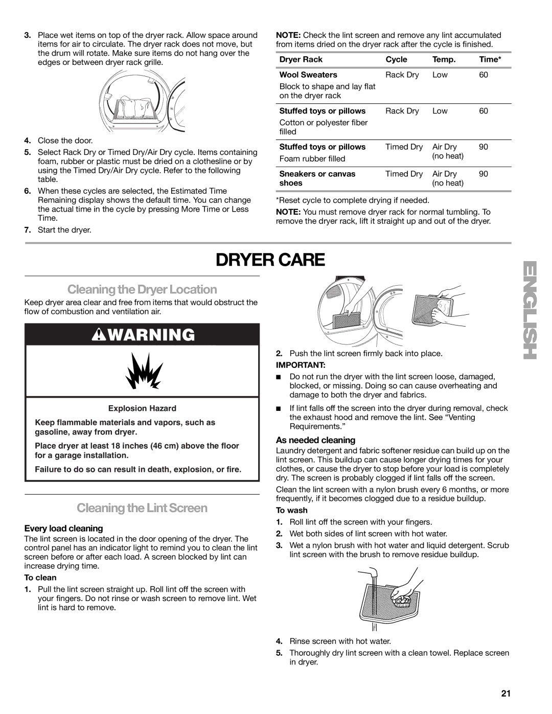 Suunto 110.9772 Dryer Care, Cleaning the Dryer Location, Cleaning the Lint Screen, Every load cleaning, As needed cleaning 