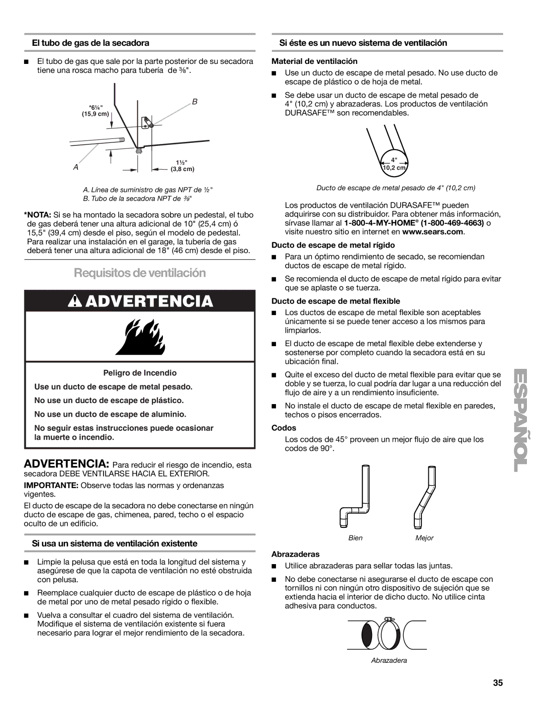 Suunto 110.9772 manual Requisitos de ventilación, El tubo de gas de la secadora, Si usa un sistema de ventilación existente 