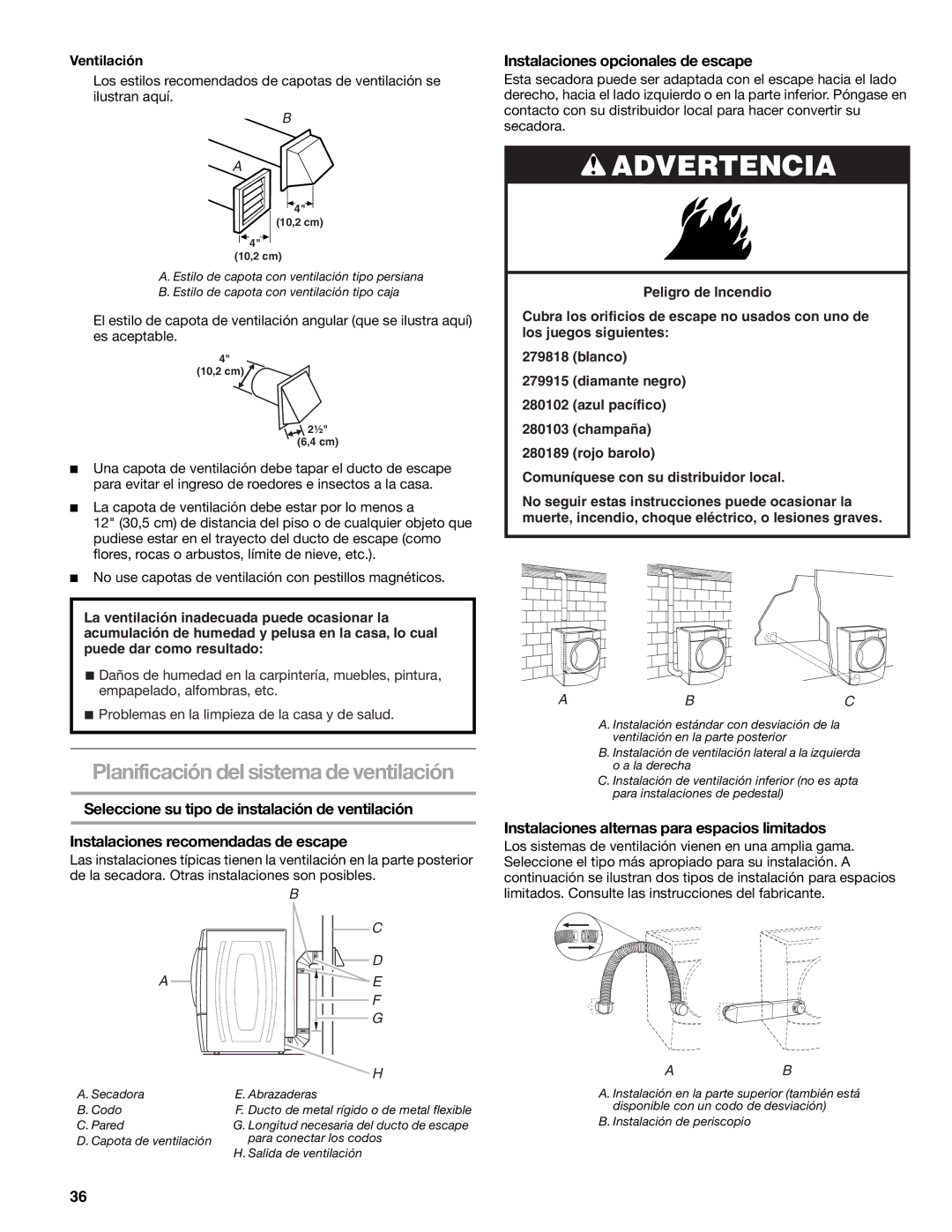 Suunto 110.9772 manual Instalaciones opcionales de escape, Instalaciones alternas para espacios limitados, Ventilación 