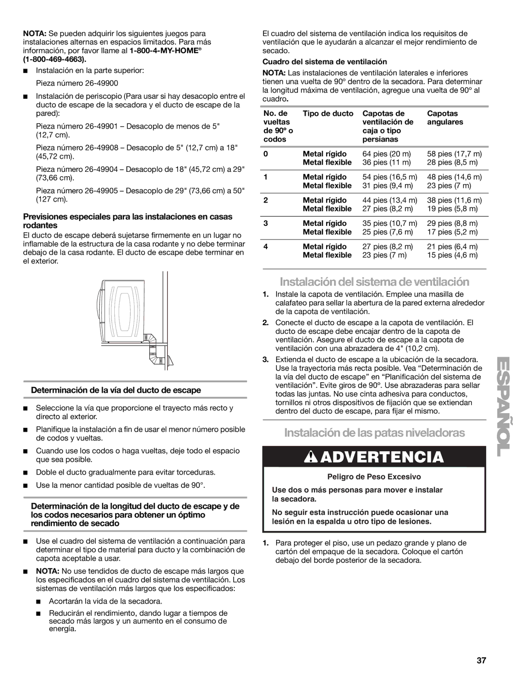 Suunto 110.9772 manual Instalación del sistema de ventilación, Instalación de las patas niveladoras 