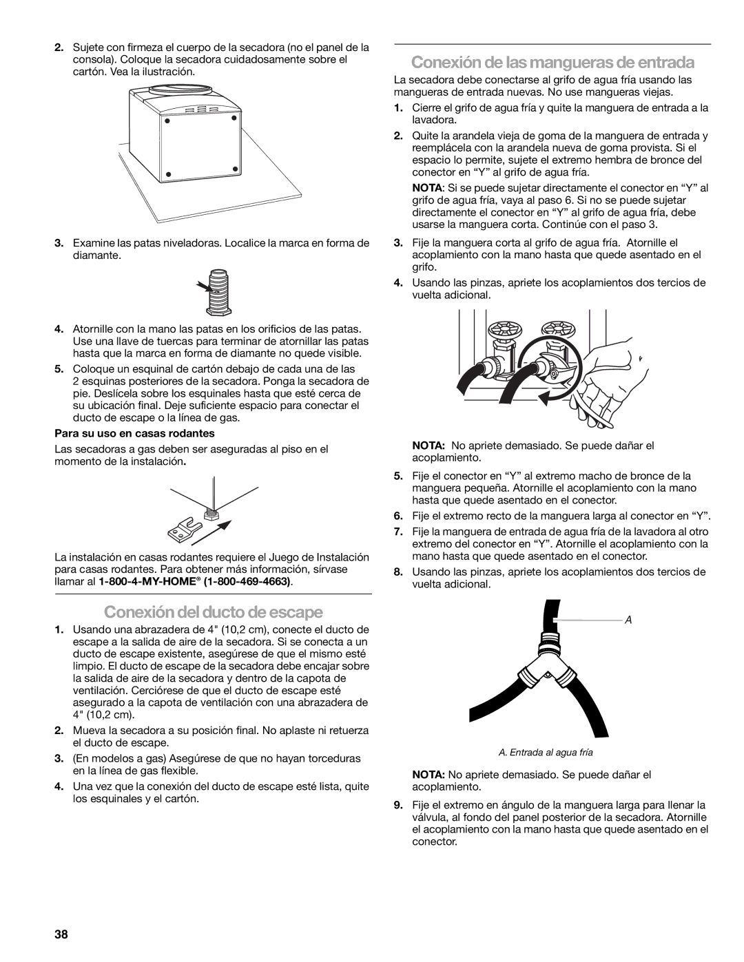 Suunto 110.9772 manual Conexión del ducto de escape, Conexión de las mangueras de entrada, Para su uso en casas rodantes 