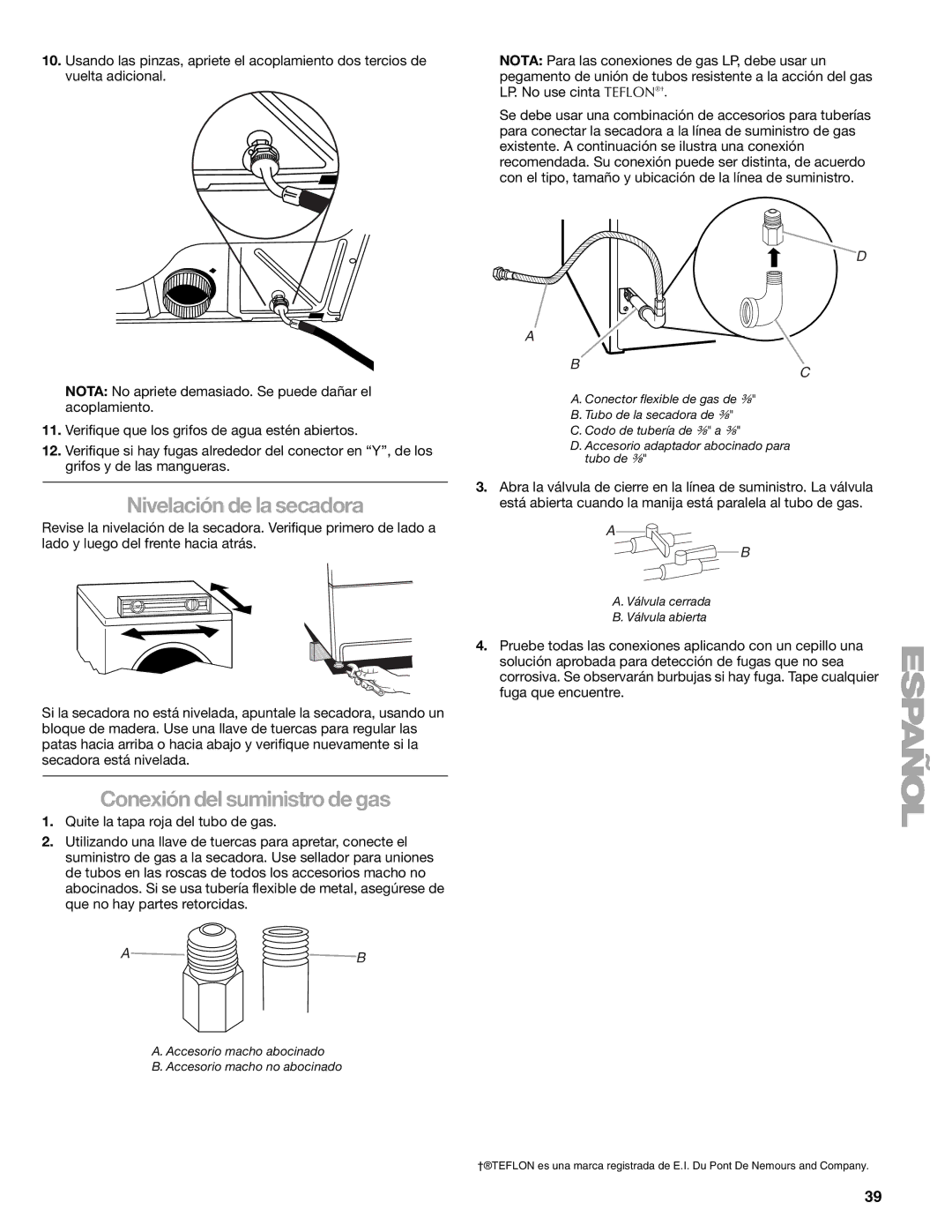 Suunto 110.9772 manual Nivelación de la secadora, Conexión del suministro de gas 