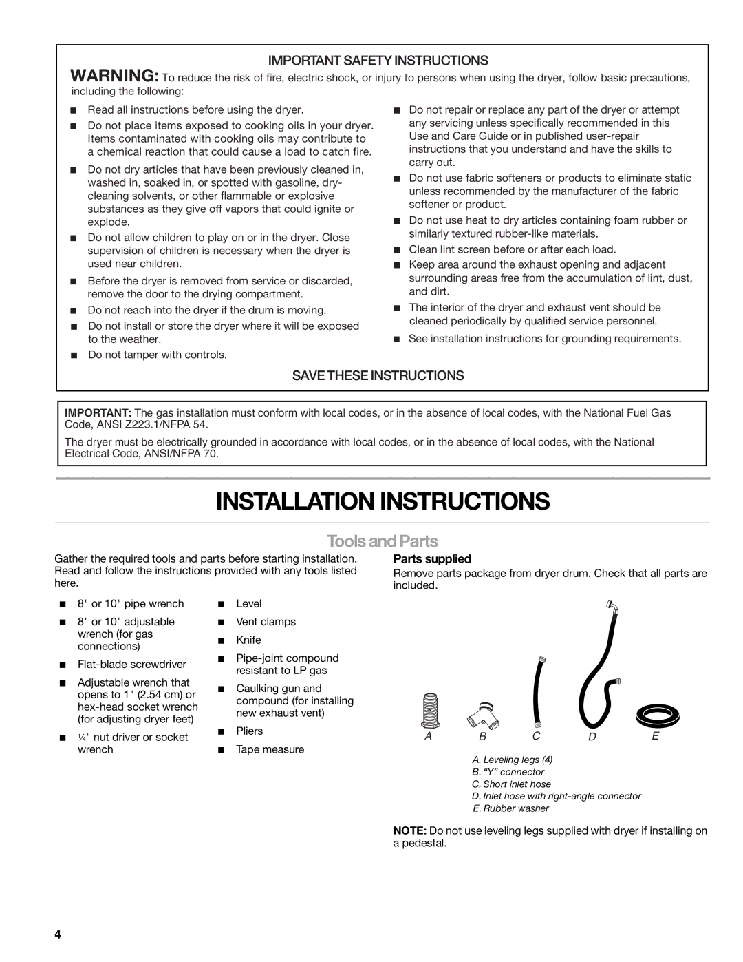 Suunto 110.9772 manual Installation Instructions, Tools and Parts, Parts supplied 