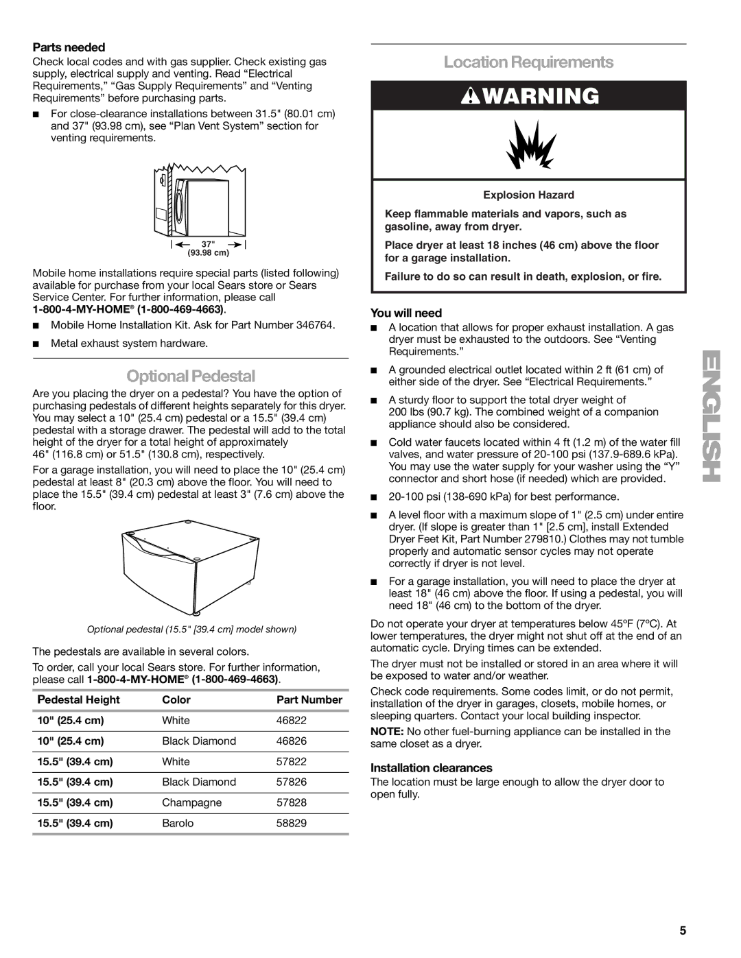 Suunto 110.9772 manual Optional Pedestal, Location Requirements, Parts needed, You will need, Installation clearances 