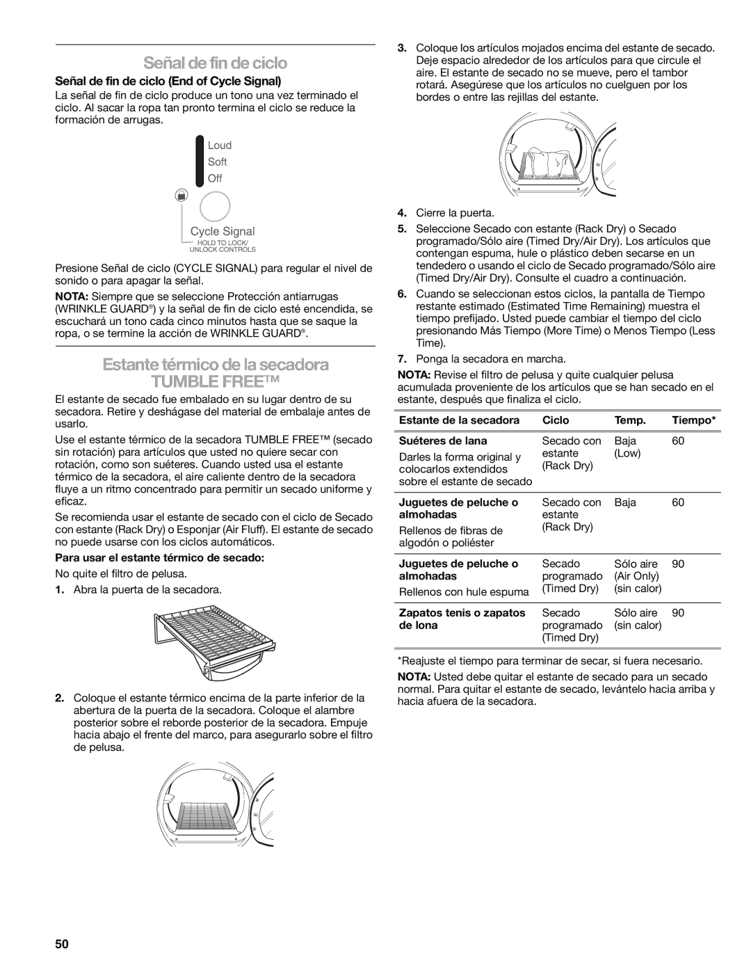 Suunto 110.9772 manual Estante térmico de la secadora, Señal de fin de ciclo End of Cycle Signal 