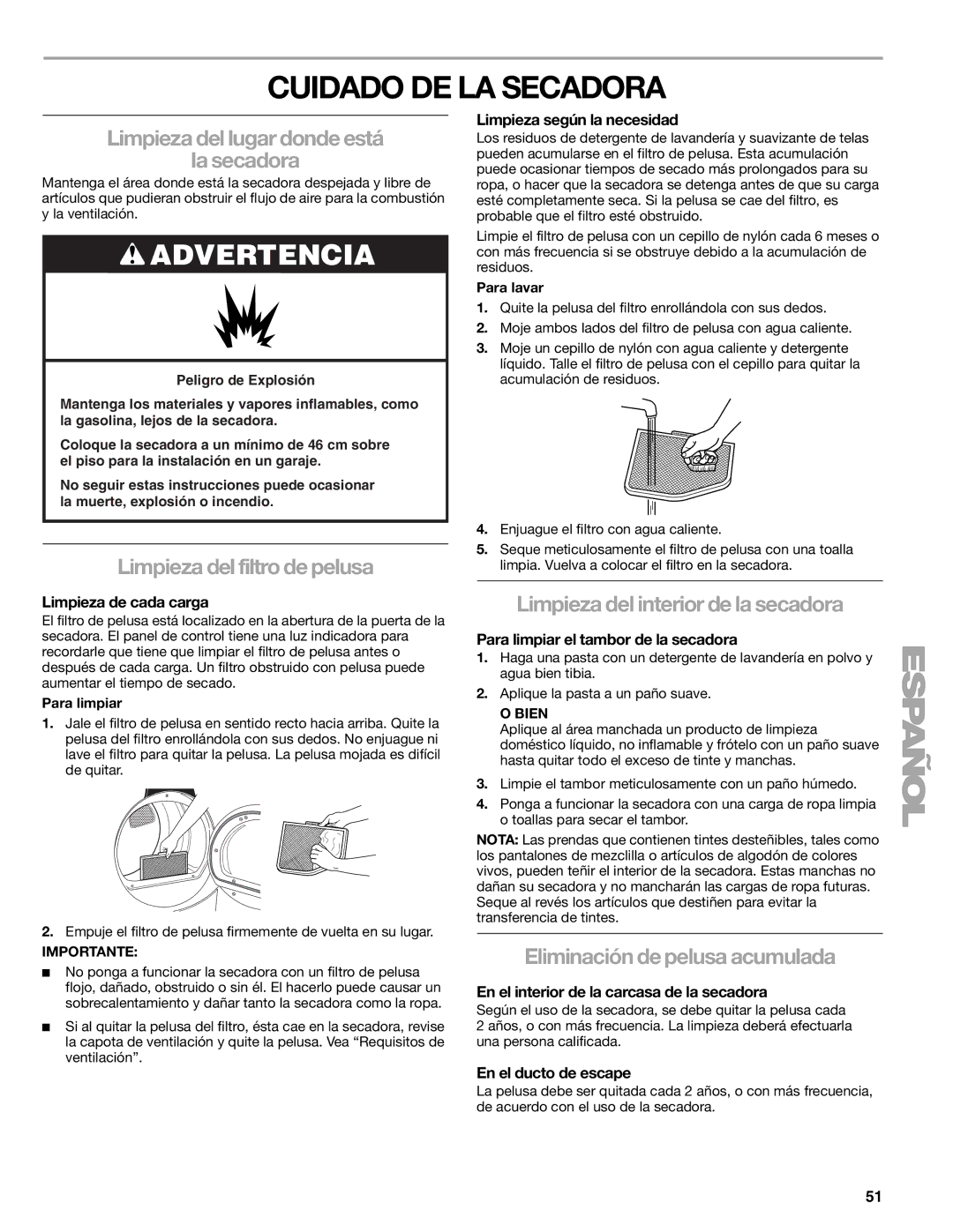 Suunto 110.9772 manual Cuidado DE LA Secadora, Limpieza del lugar donde está La secadora, Limpieza del filtro de pelusa 