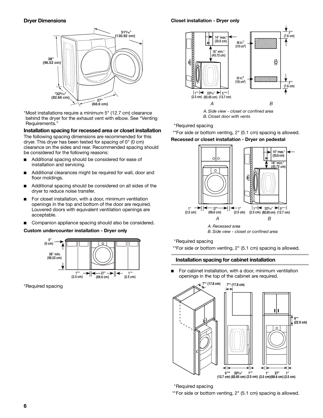 Suunto 110.9772 manual Dryer Dimensions, Installation spacing for cabinet installation, Closet installation Dryer only 