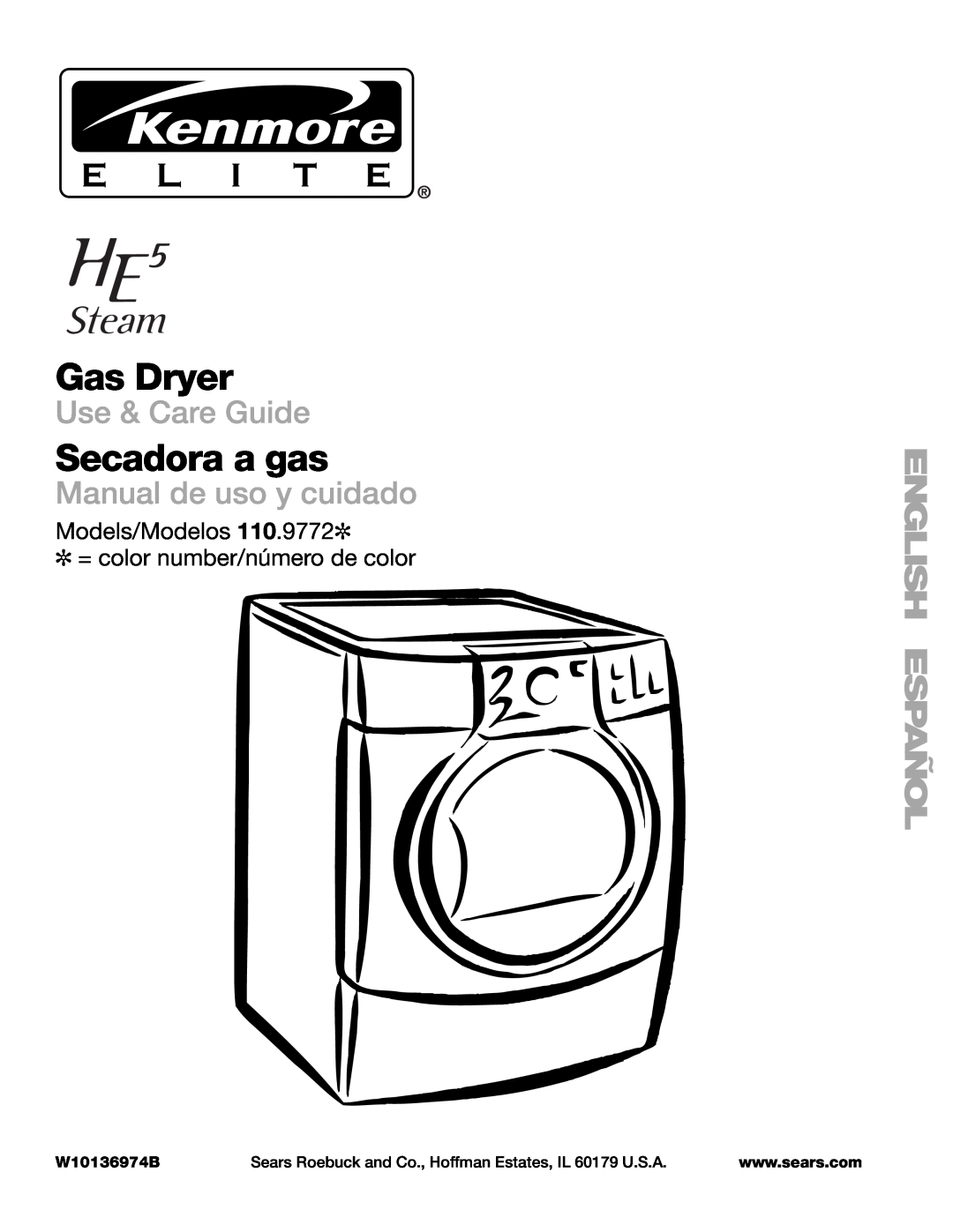 Suunto 110.9772 manual Gas Dryer, Secadora a gas, Use & Care Guide, Manual de uso y cuidado, W10136974B 