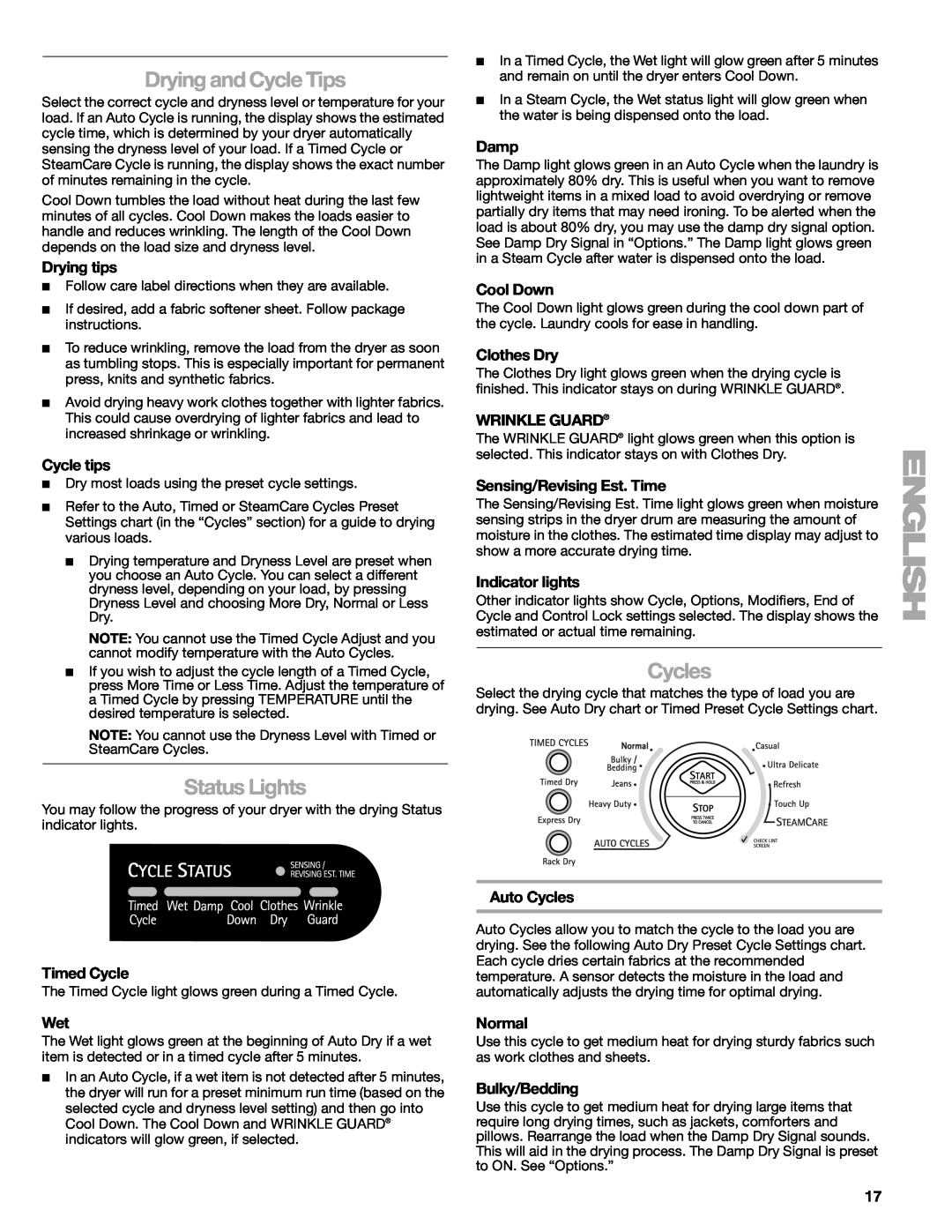 Suunto 110.9772 manual Drying and Cycle Tips, Status Lights, Cycles, Drying tips, Cycle tips, Timed Cycle, Damp, Cool Down 