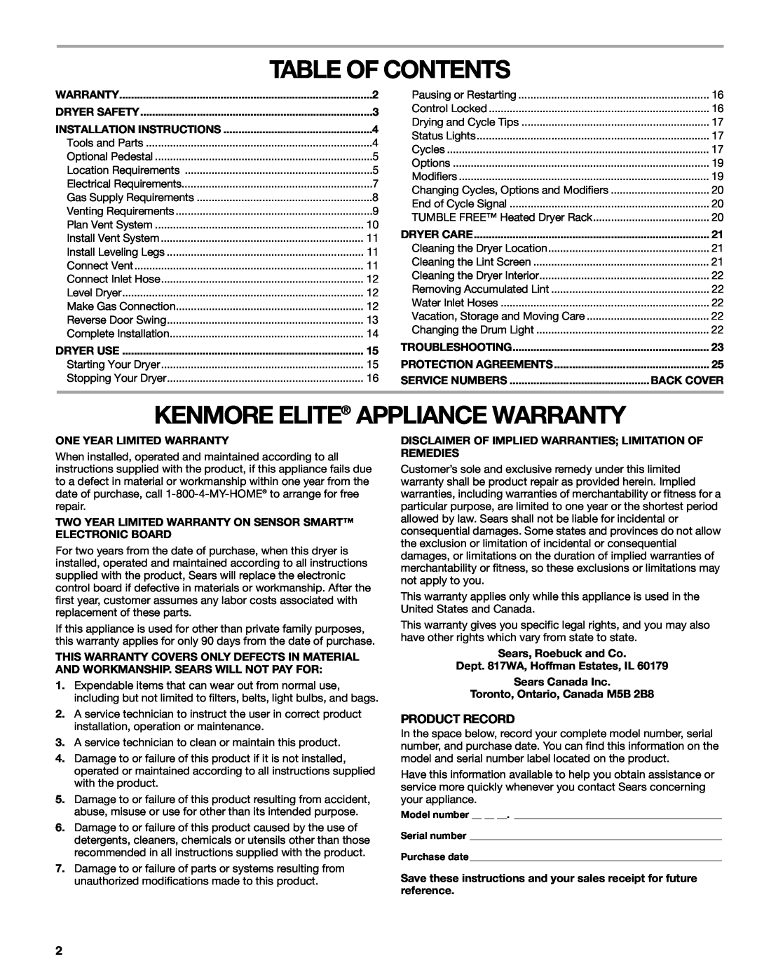 Suunto 110.9772 manual Table Of Contents, Kenmore Elite Appliance Warranty, Product Record 