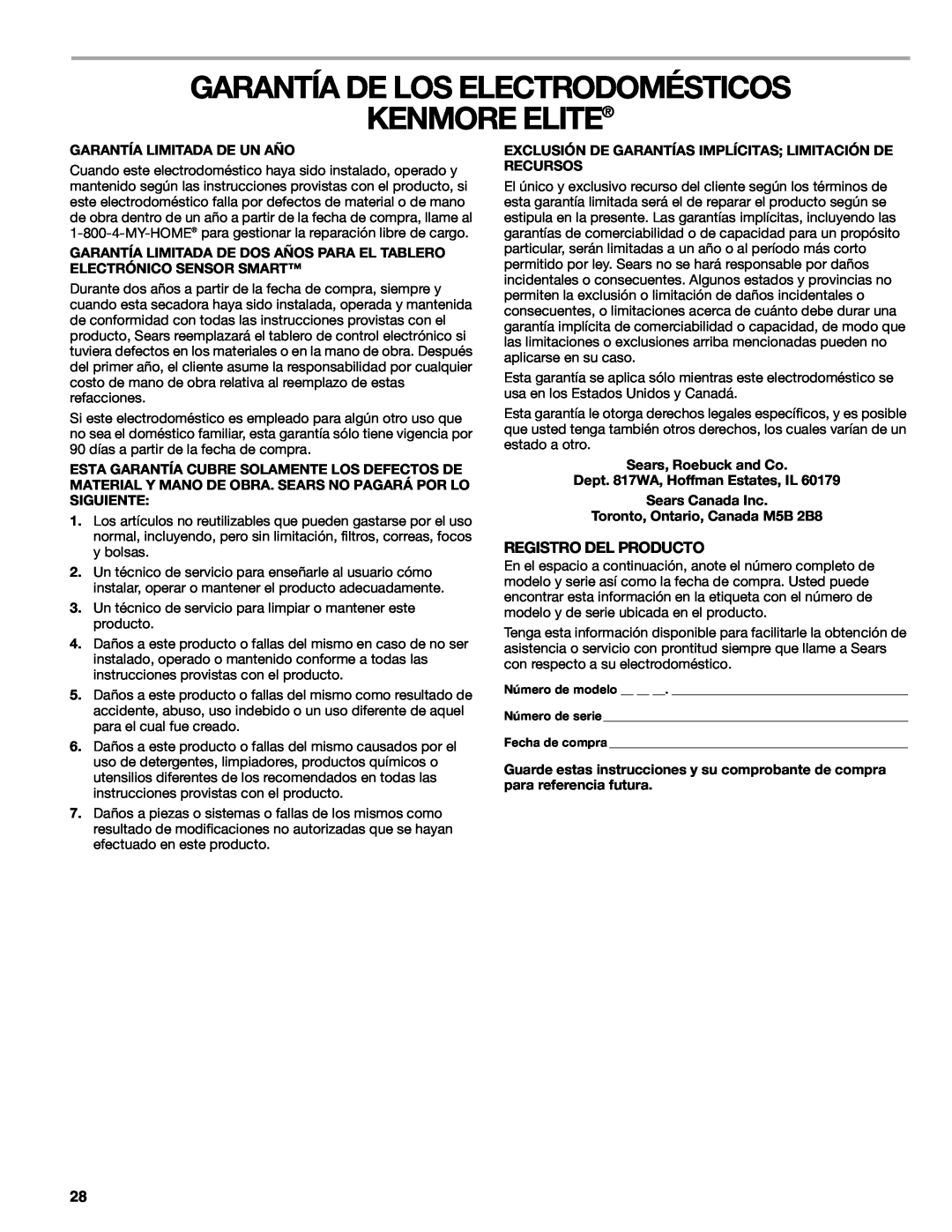 Suunto 110.9772 manual Garantía De Los Electrodomésticos Kenmore Elite, Registro Del Producto 