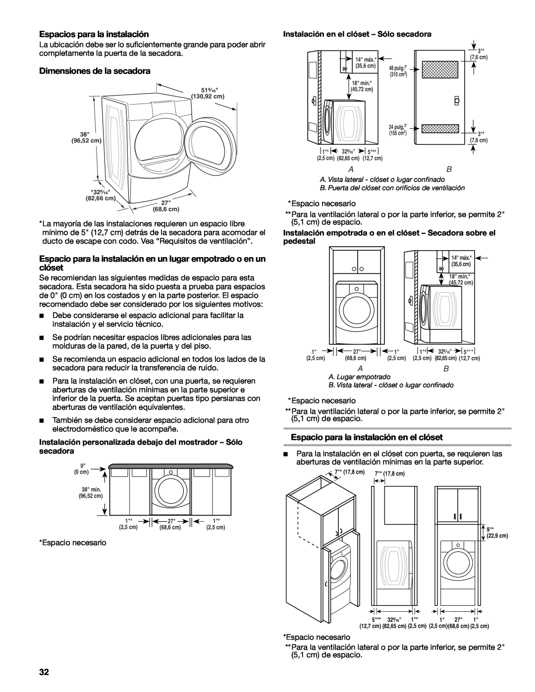 Suunto 110.9772 manual Espacios para la instalación, Dimensiones de la secadora, Espacio para la instalación en el clóset 