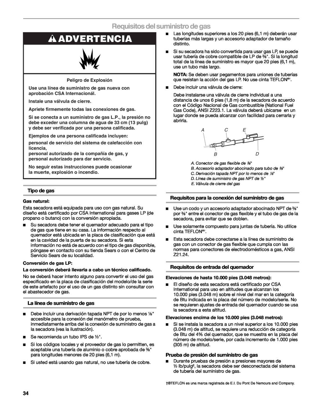 Suunto 110.9772 manual Requisitos del suministro de gas, Advertencia, Tipo de gas, La línea de suministro de gas, A C E Bd 