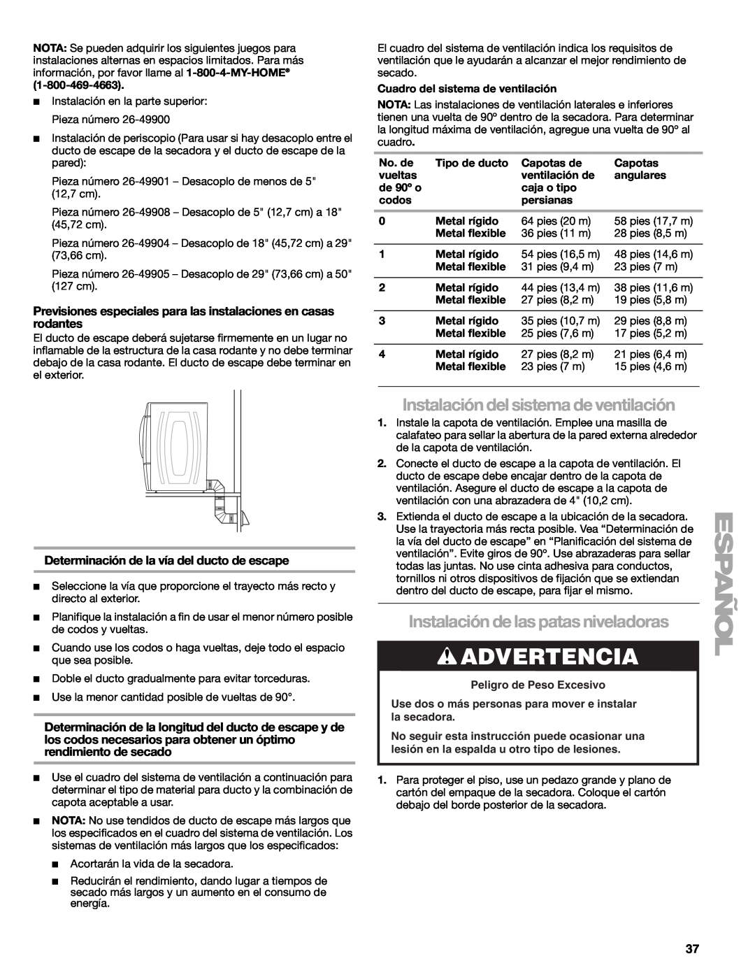 Suunto 110.9772 manual Instalación del sistema de ventilación, Instalación de las patas niveladoras, Advertencia 