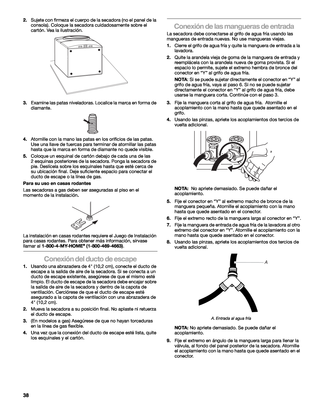 Suunto 110.9772 manual Conexión del ducto de escape, Conexión de las mangueras de entrada, Para su uso en casas rodantes 