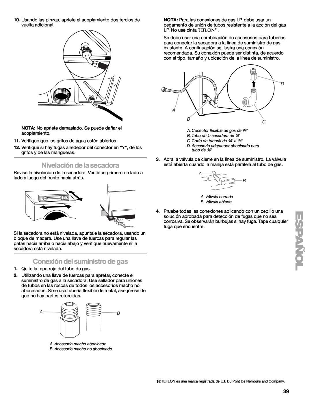 Suunto 110.9772 manual Nivelación de la secadora, Conexión del suministro de gas, C. Codo de tubería de ³⁄₈ a ³⁄₈ 