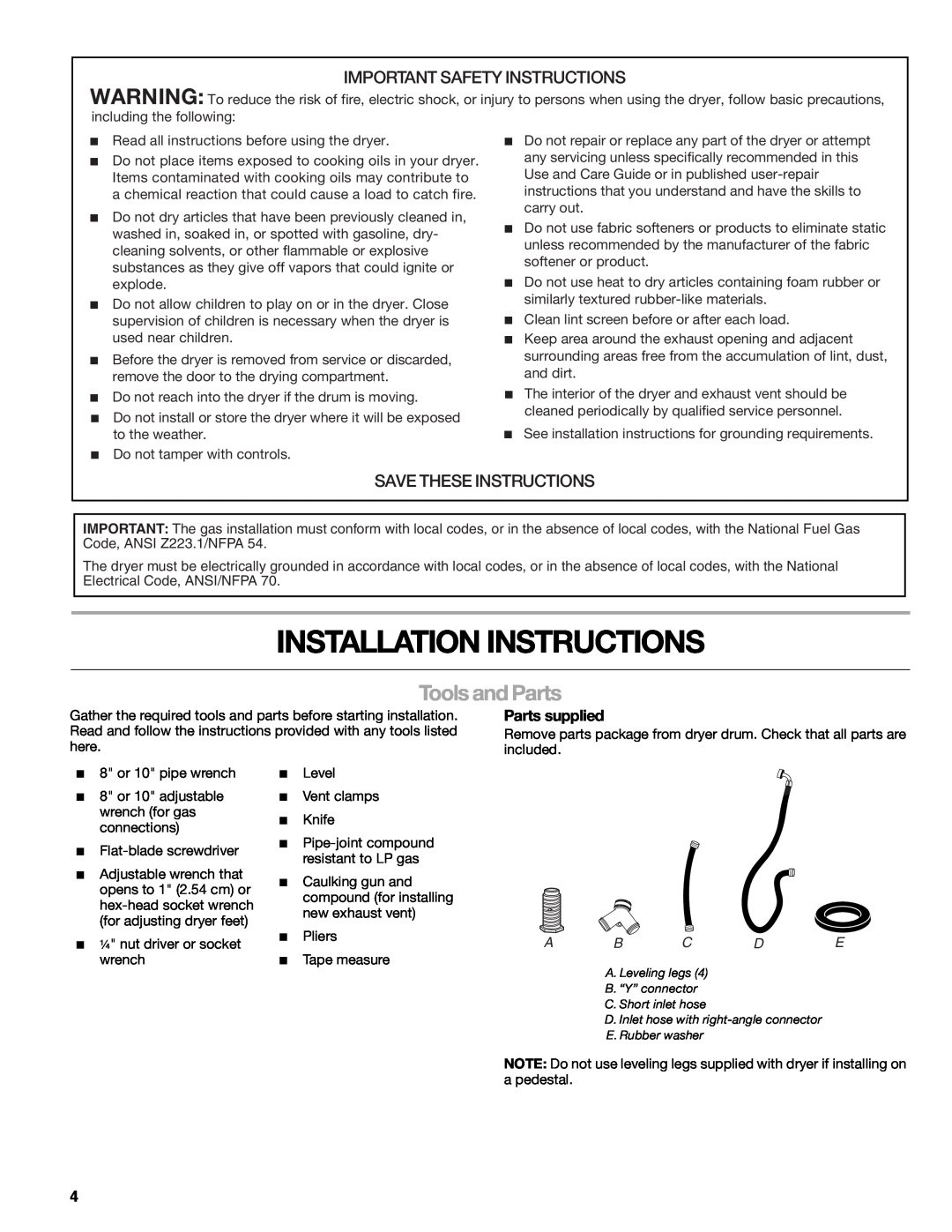 Suunto 110.9772 manual Installation Instructions, Tools and Parts, Important Safety Instructions, Save These Instructions 