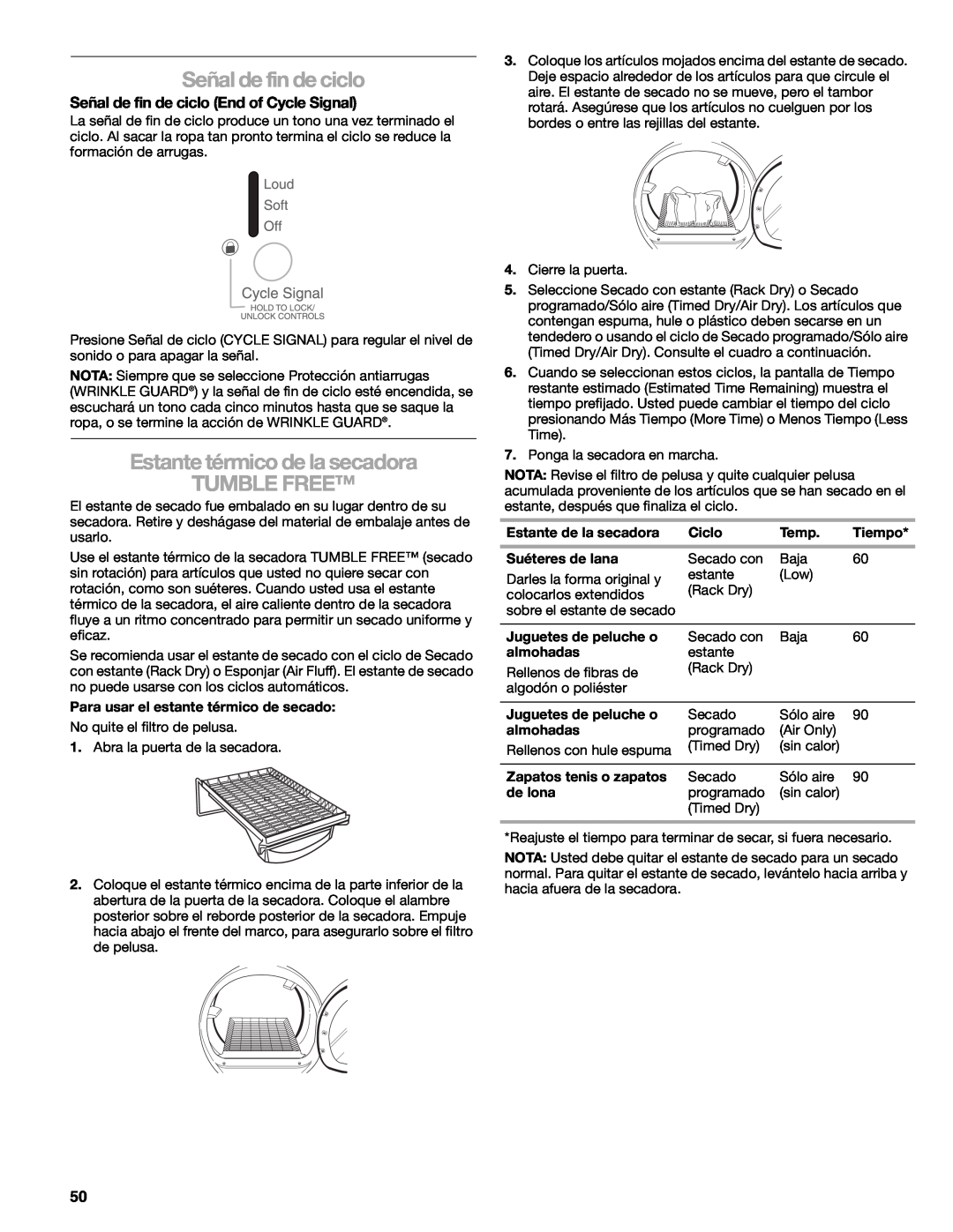 Suunto 110.9772 manual Señal de fin de ciclo, Estante térmico de la secadora TUMBLE FREE 