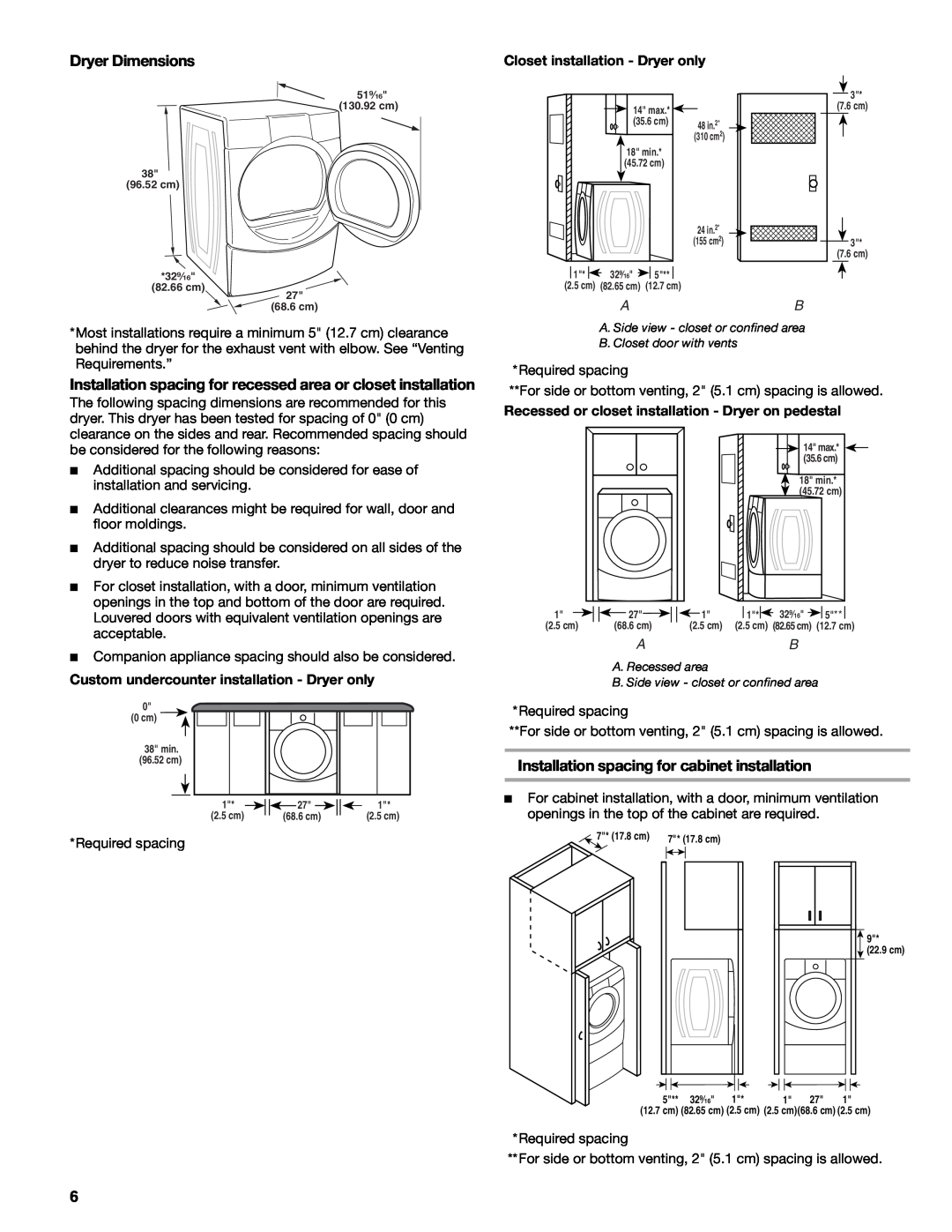 Suunto 110.9772 manual Dryer Dimensions, Installation spacing for recessed area or closet installation 