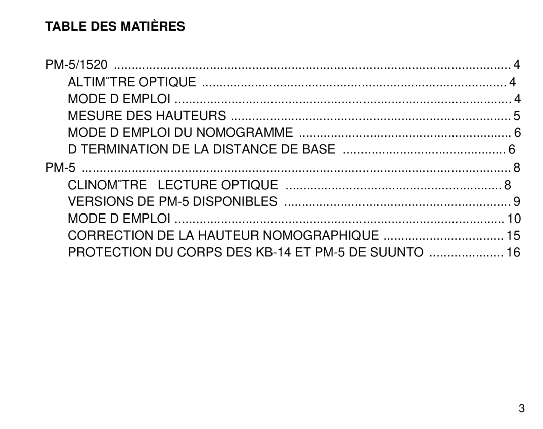 Suunto PM5, 1520 manual Table DES Matières 