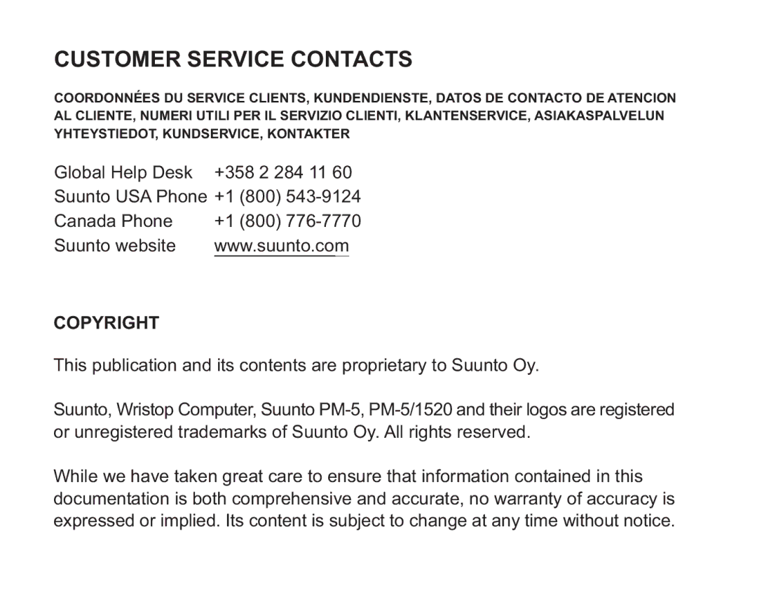 Suunto 1520, PM5 manual Customer Service Contacts 