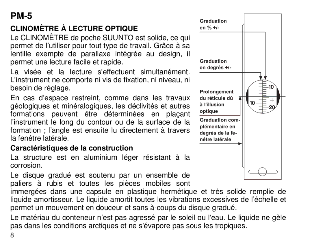 Suunto 1520, PM5 manual Clinomètre À Lecture Optique, Caractéristiques de la construction 