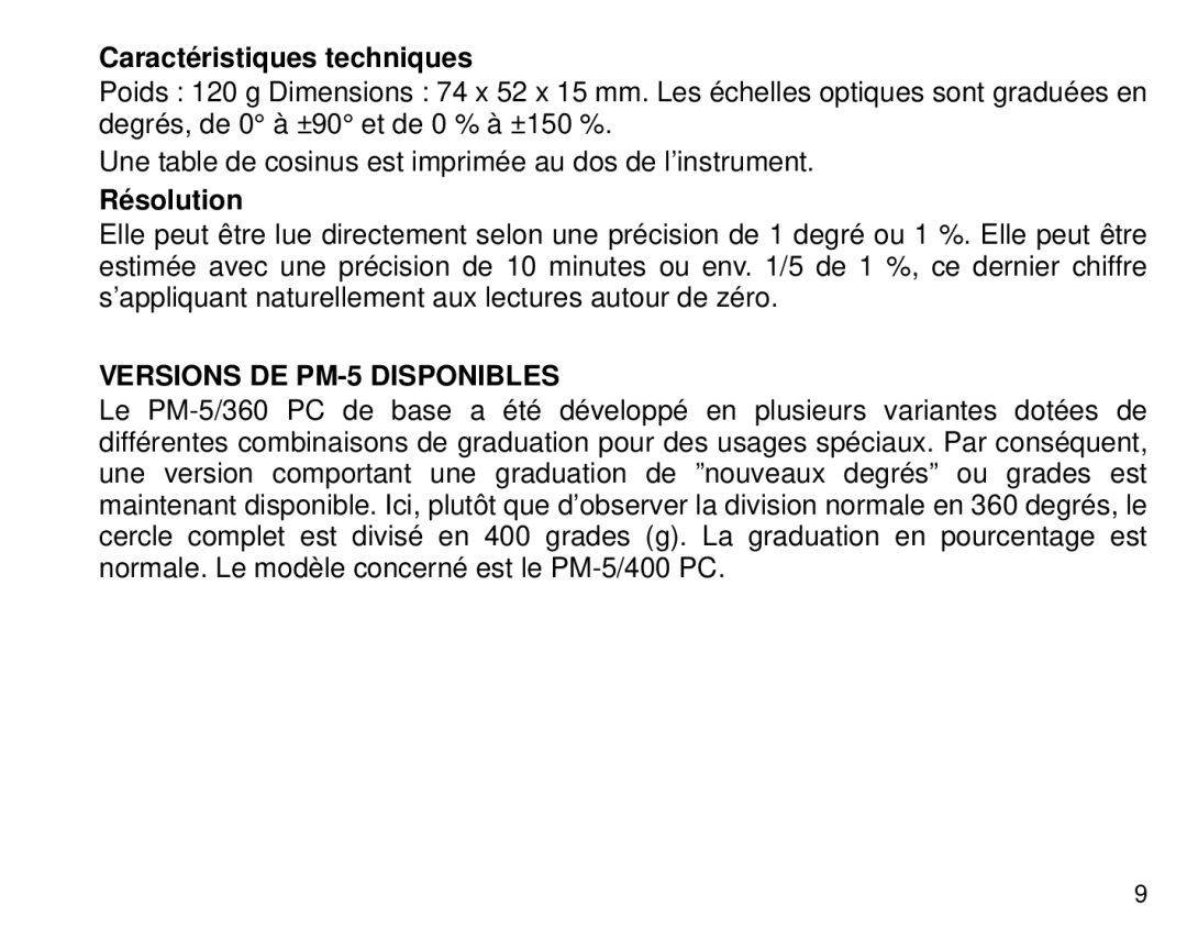 Suunto PM5, 1520 manual Caractéristiques techniques, Résolution, Versions DE PM-5 Disponibles 