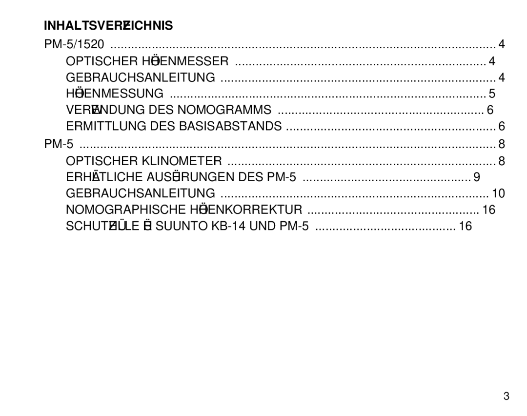 Suunto 1520, PM5 manual Inhaltsverzeichnis 