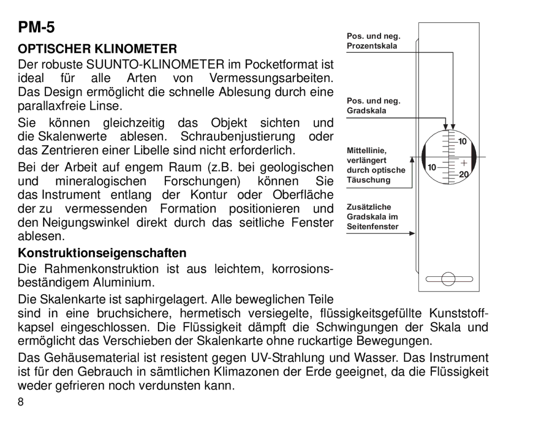 Suunto PM5, 1520 manual Optischer Klinometer, Konstruktionseigenschaften 