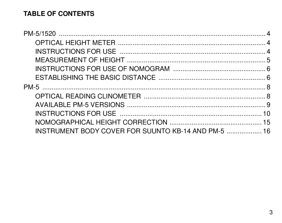 Suunto 1520, PM5 manual Table of Contents 