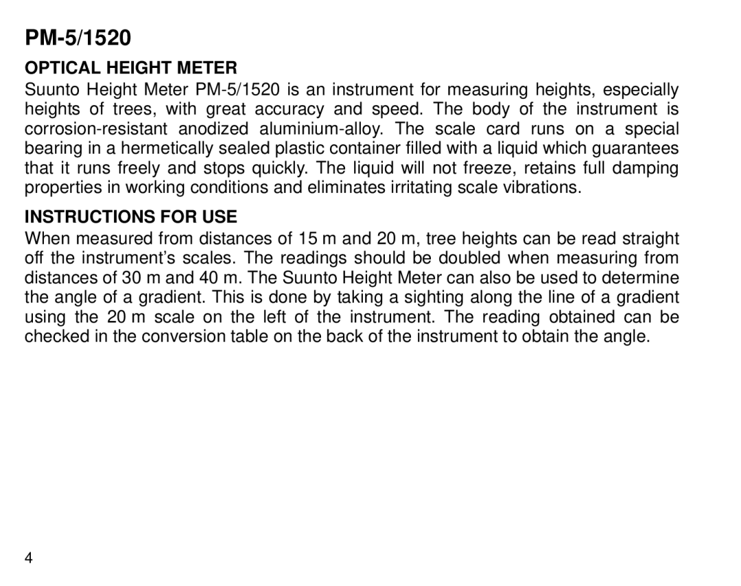 Suunto PM5, 1520 manual Optical Height Meter, Instructions for USE 