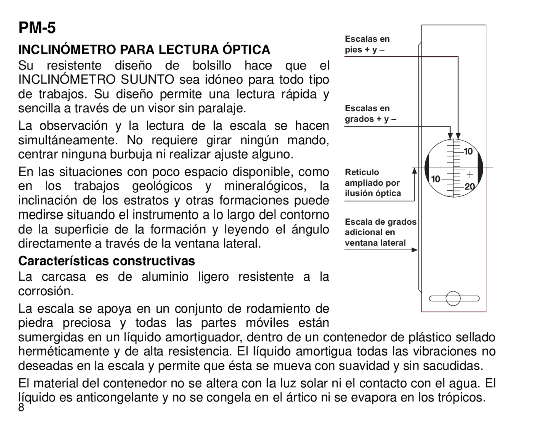 Suunto 1520, PM5 manual Inclinómetro Para Lectura Óptica, Características constructivas 