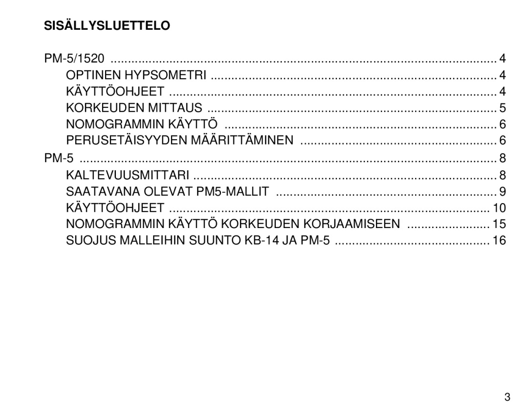 Suunto PM5, 1520 manual Sisällysluettelo 