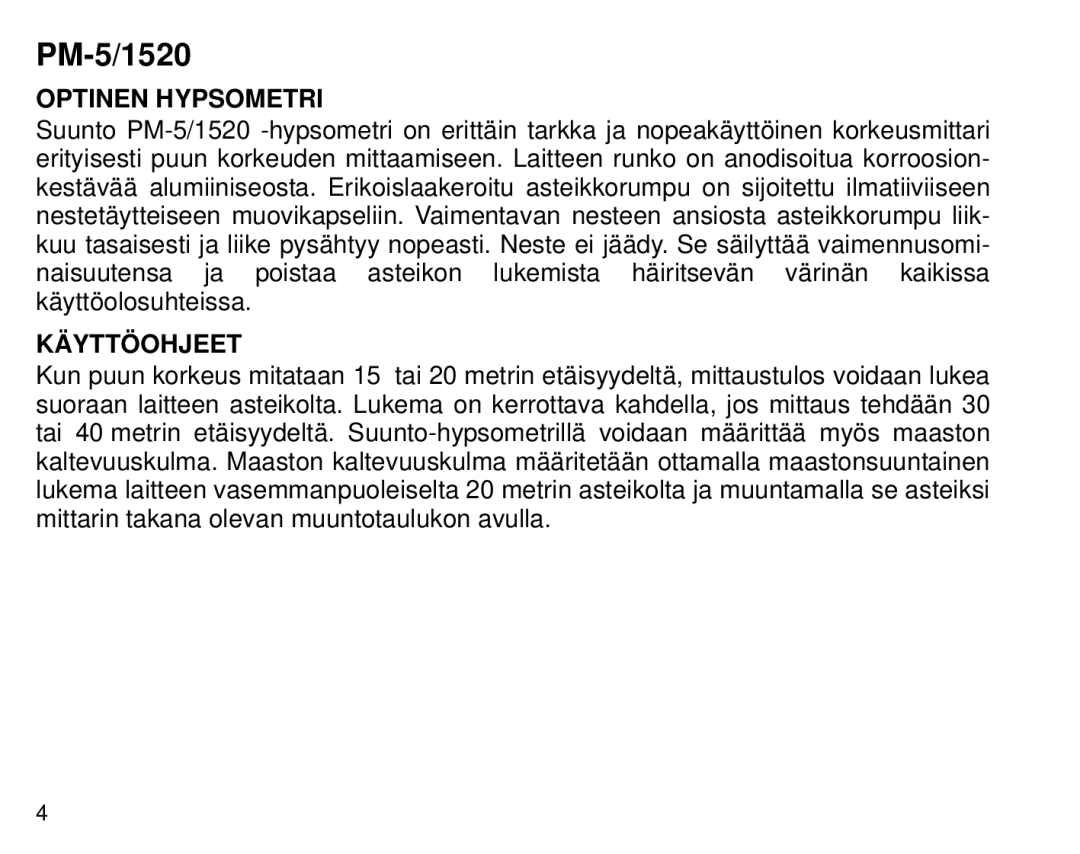 Suunto 1520, PM5 manual Optinen Hypsometri, Käyttöohjeet 