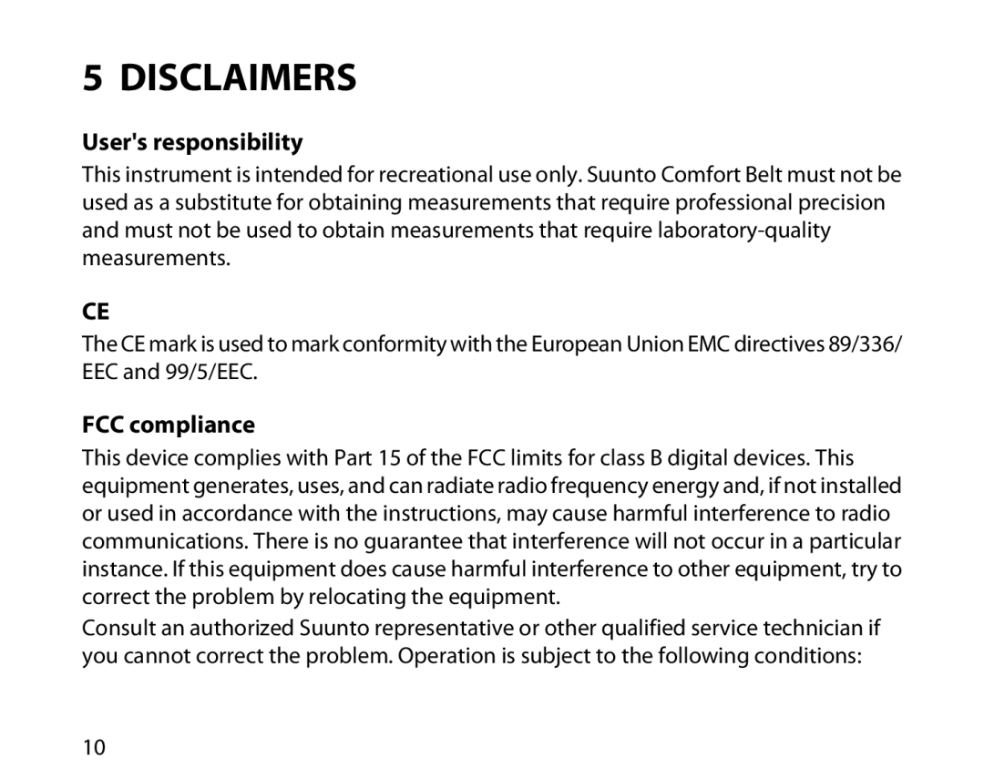 Suunto Comfort Belt manual Disclaimers, Users responsibility, FCC compliance 