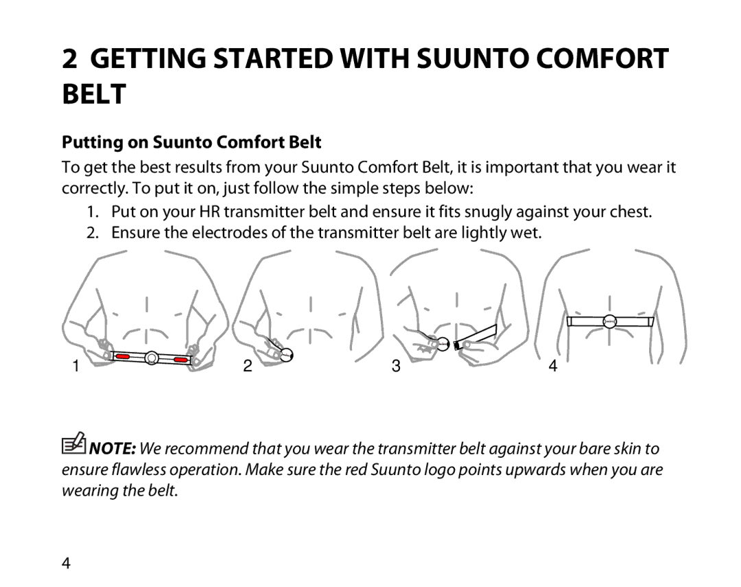 Suunto manual Getting Started with Suunto Comfort Belt, Putting on Suunto Comfort Belt 