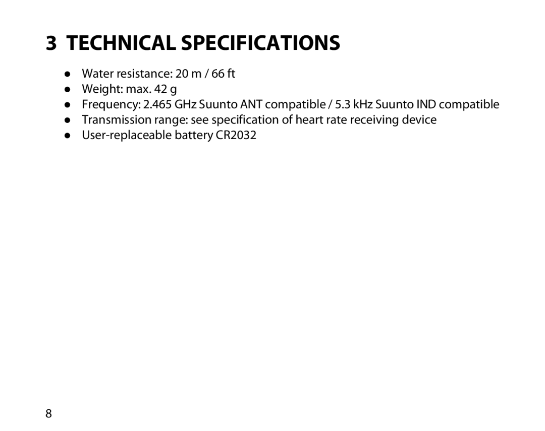 Suunto Comfort Belt manual Technical Specifications 