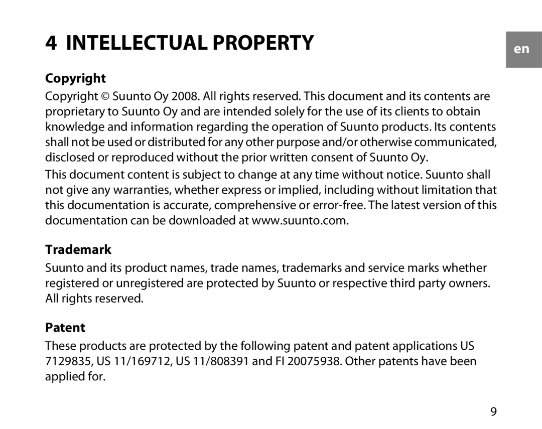 Suunto Comfort Belt manual Copyright, Trademark, Patent 