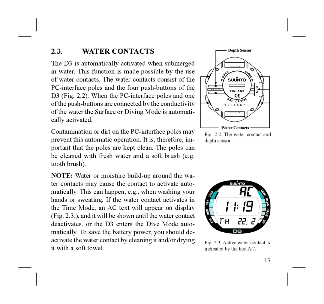 Suunto D3 manual Water Contacts, Water contact and depth sensor 