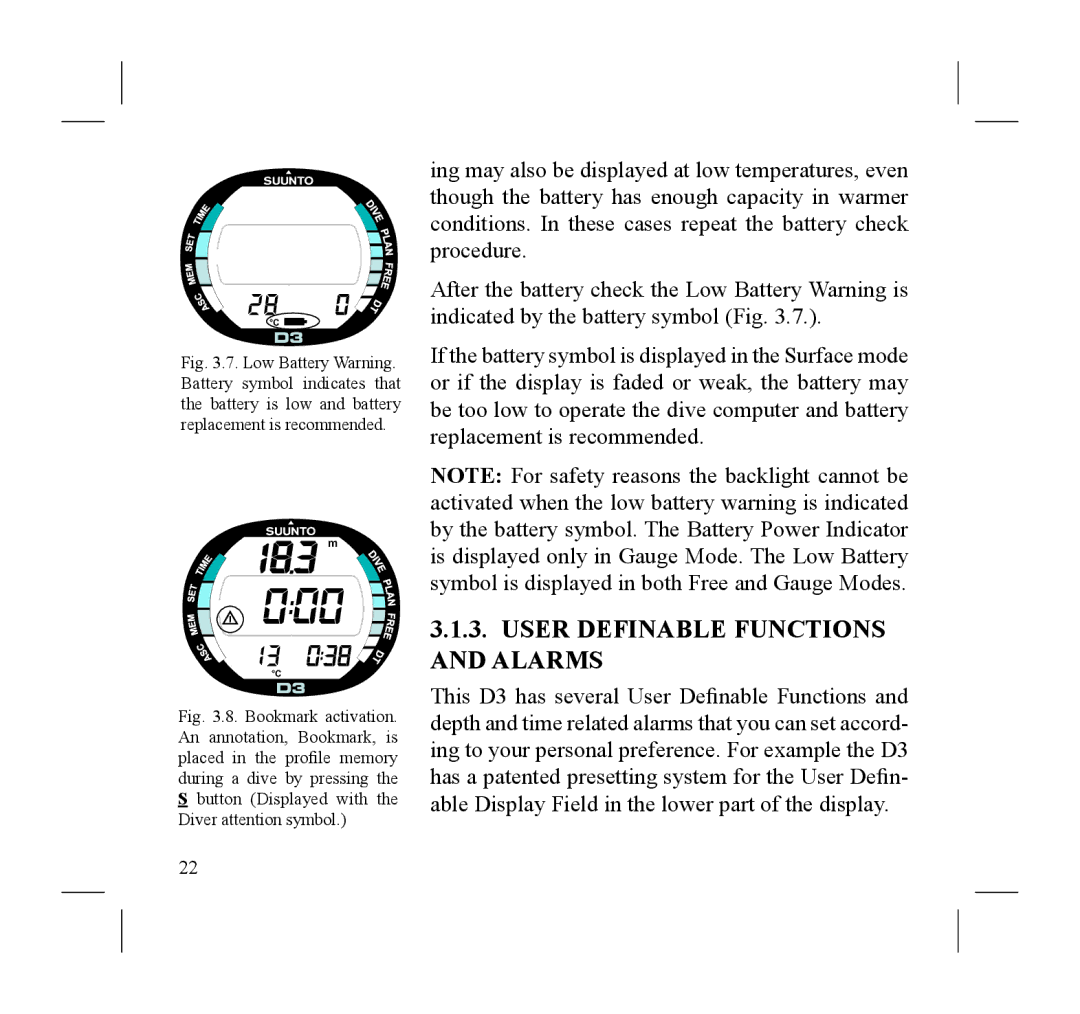 Suunto D3 manual User Definable Functions and Alarms 